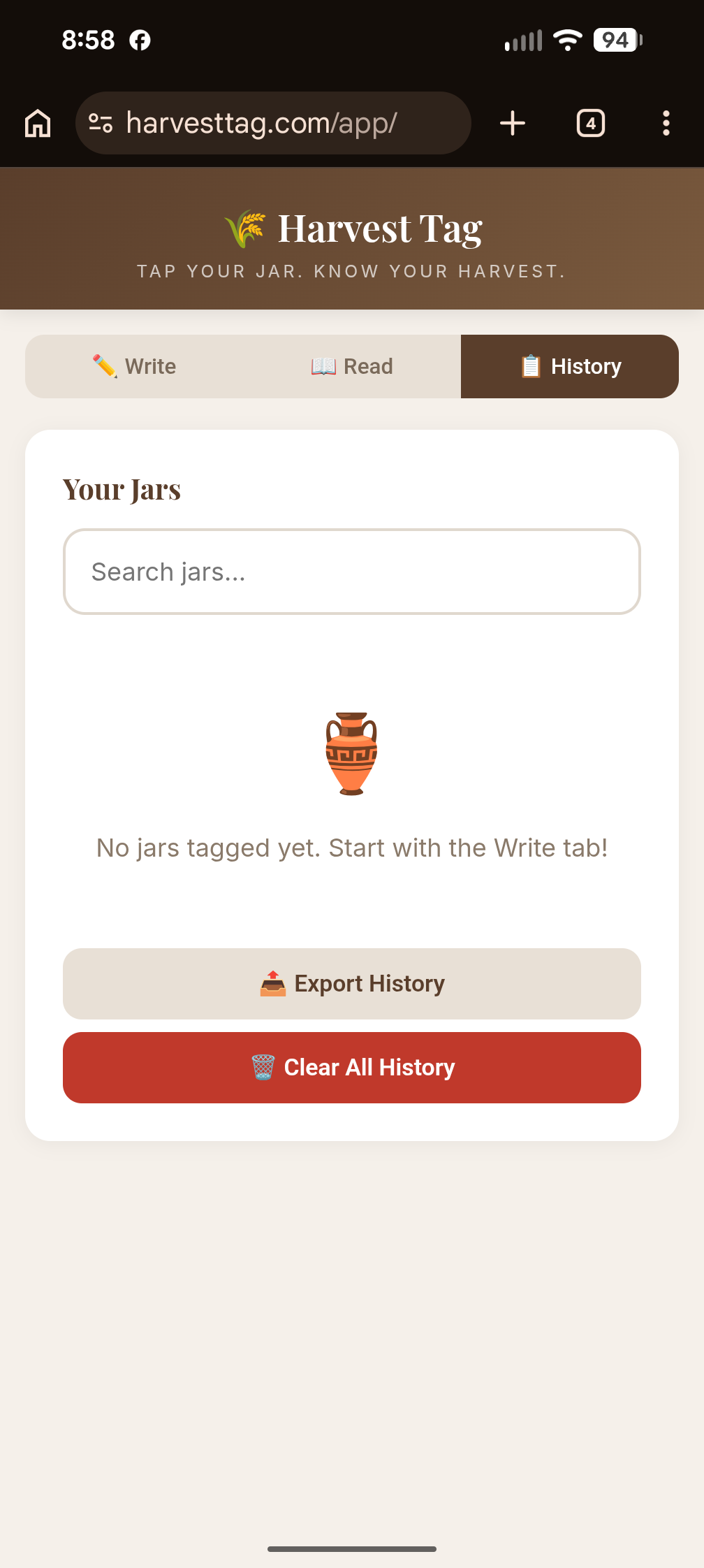 Harvest Tag History tab